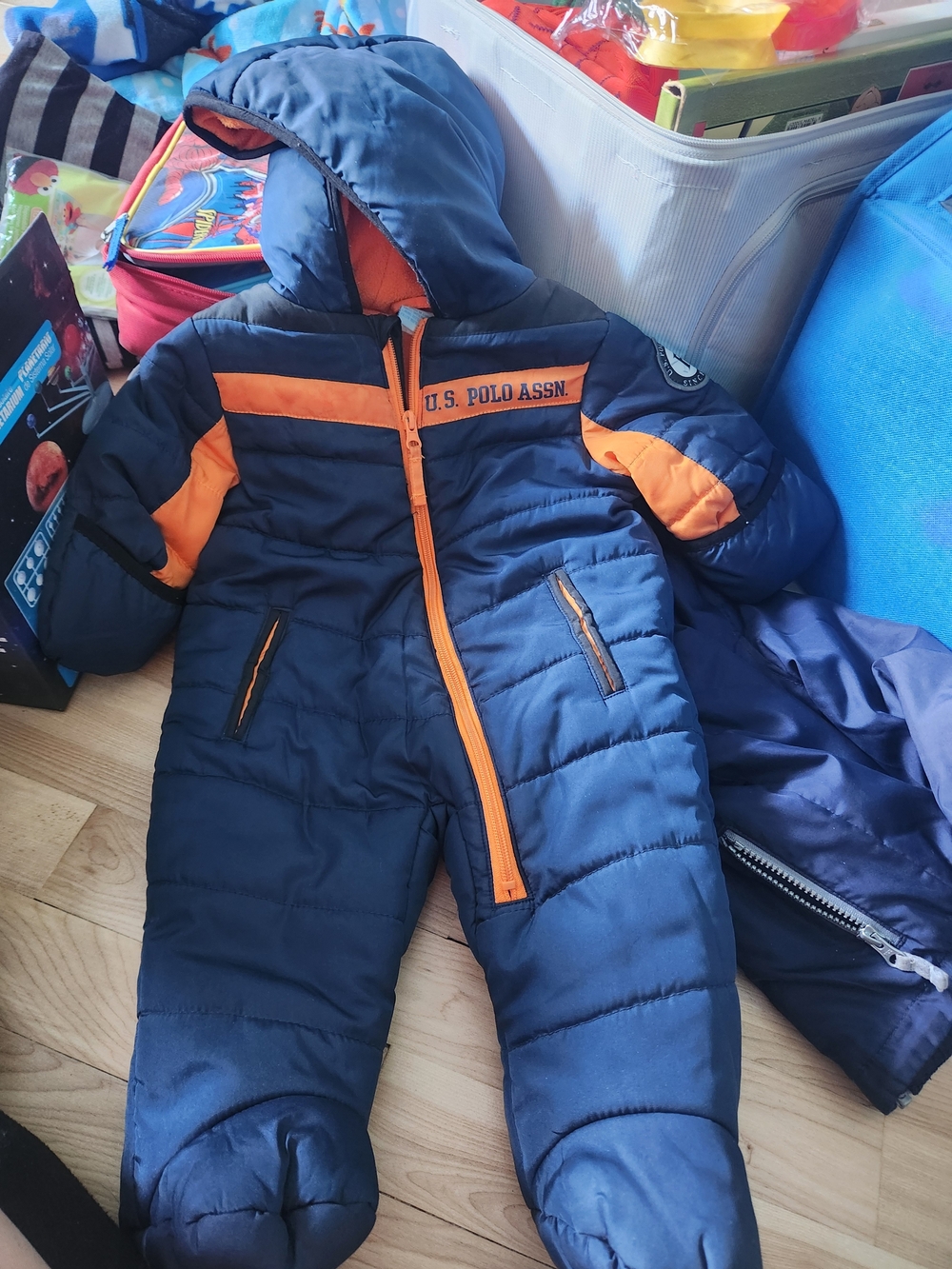 U.S. Polo Assn. Navy and Orange Padded Kids One-Piece Snowsuit